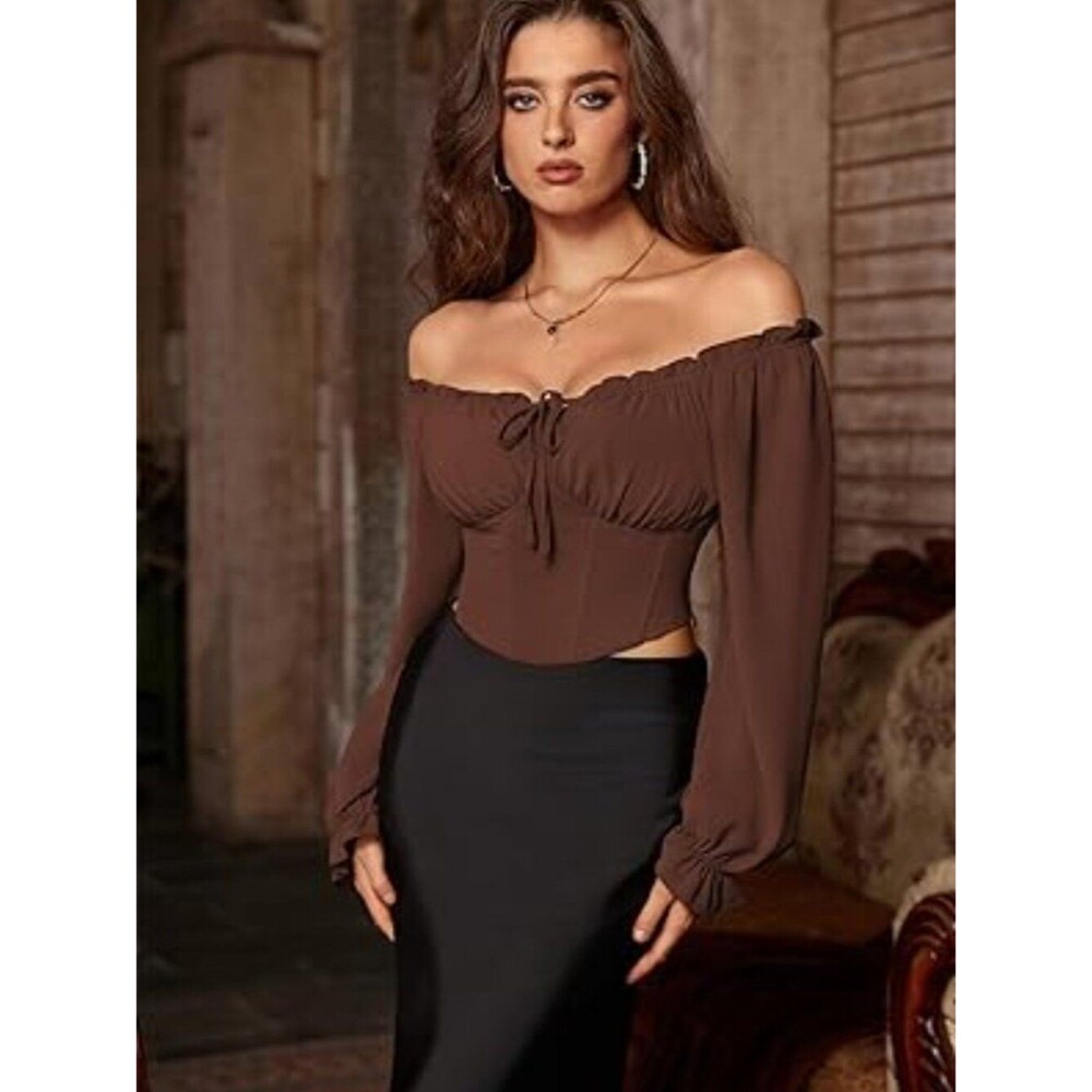 Vintage Corset Tops for Women Renaissance Blouse Off Shoulder Long Sleeve Top S - Picture 5 of 5